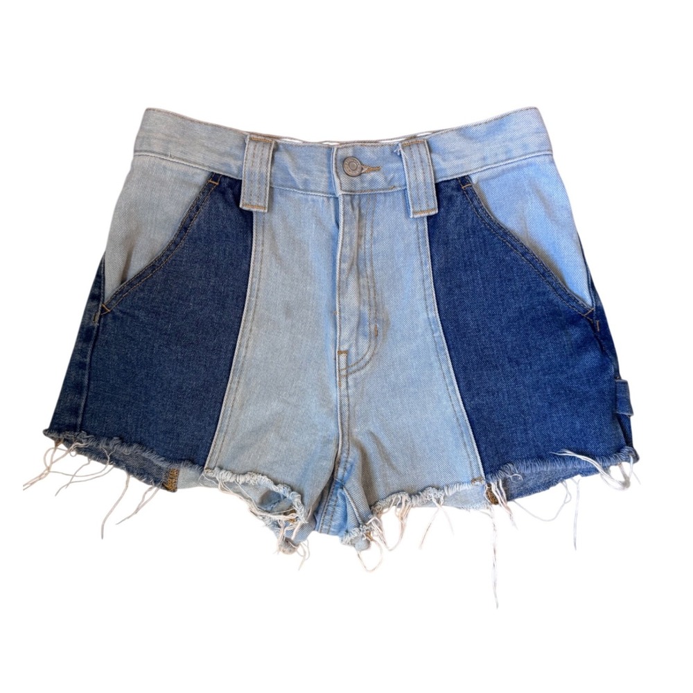 PacSun Two Tone Colorblock Denim Carpenter Shorts High Rise Raw Hem Blue Size 26